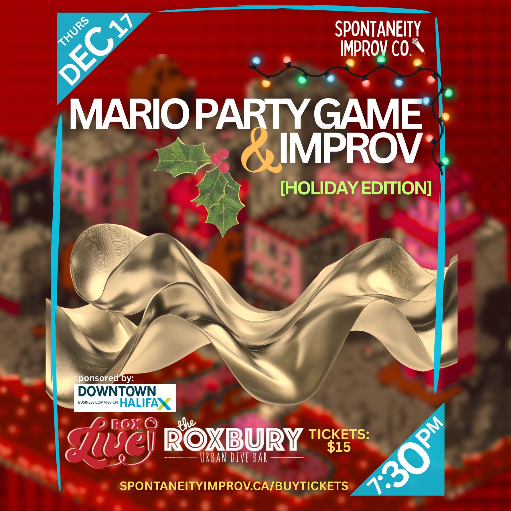 A promotional poster for Spontaneity: Mario Party Improv (Holiday Edition) taking place in Halifax, Nova Scotia