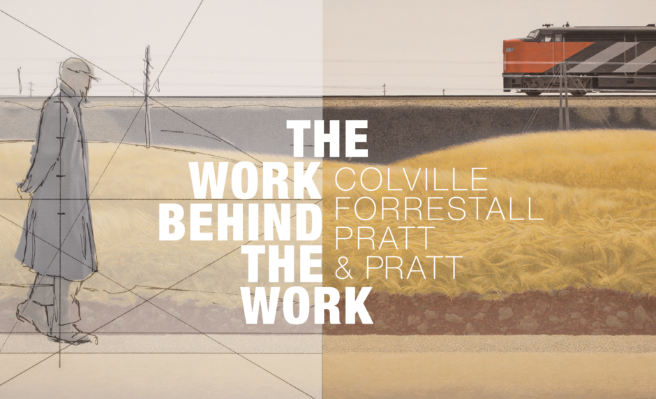 A promotional poster for the French Tour of Colville, Forrestall, Pratt & Pratt: The Work Behind the Work at the Art Gallery of Nova Scotia