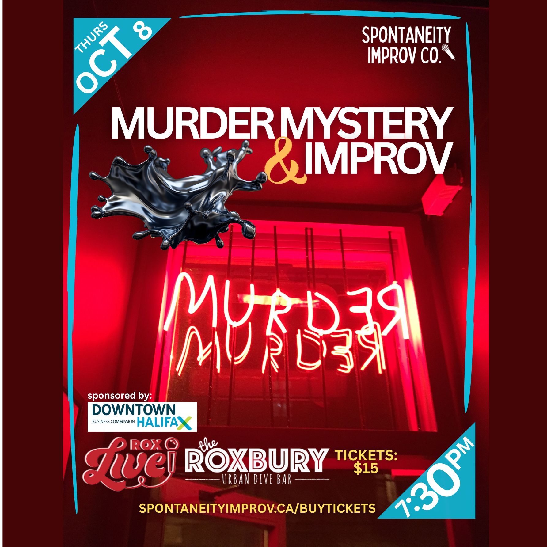 A promotional poster for Spontaneity: Murder Mystery & Improv happening in Halifax, Nova Scotia