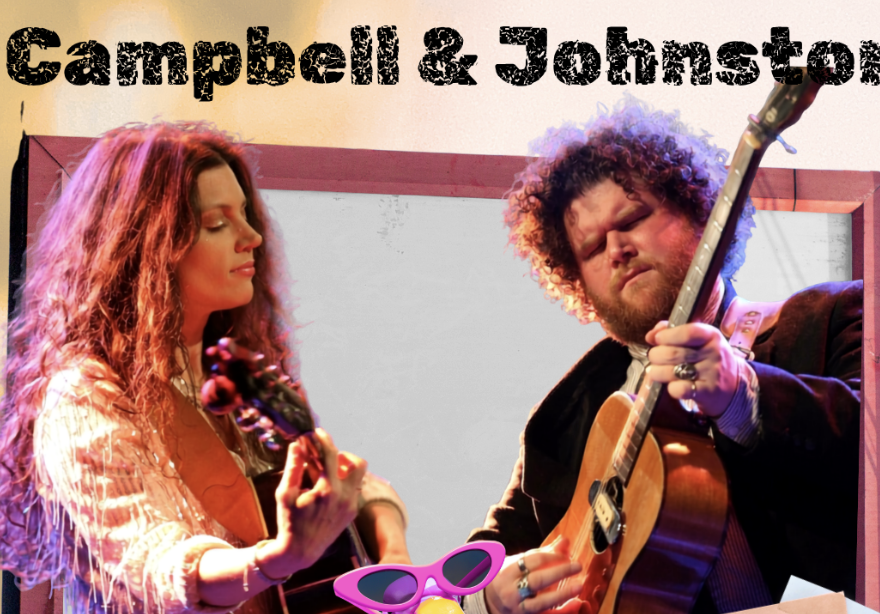picture of christine campbell and blake johnston playing guitar. a flamingo is peeking up from below