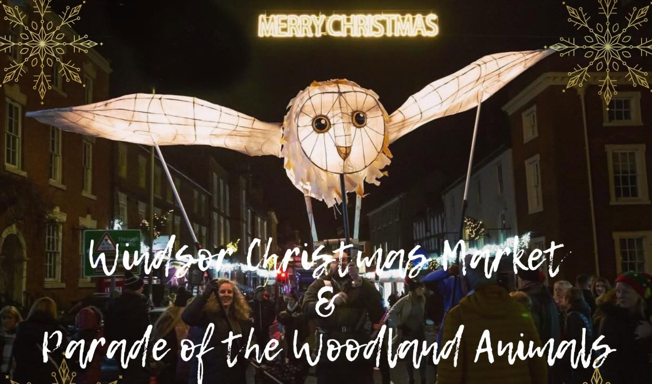 A large glowing Owl puppet flies down Gerrish Street as part of the annual Windsor Christmas Market and Parade of the Woodland Animals in Nova Scotia